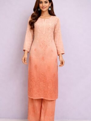 Home 3 Muslin Kurti and Lower Set with Color Transition and Chikankari Work | Orange
