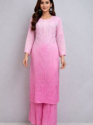 Muslin Kurti and Lower Set with Color Transition and Chikankari Work Pink 4