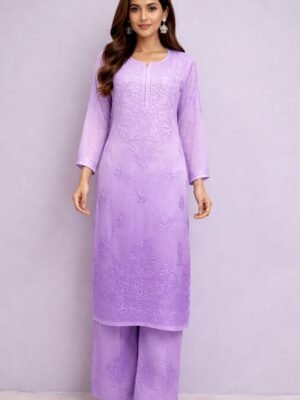 Home 4 Muslin Kurti and Lower Set with Color Transition and Chikankari Work Purple 4