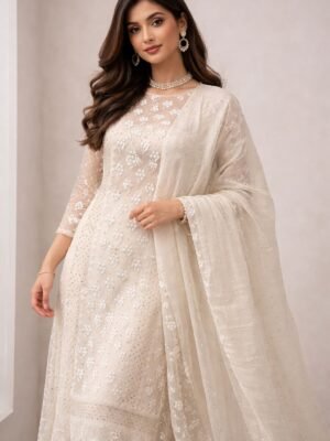 Orgenza three piece unstitched suit with Mukaish and Chikankari Work