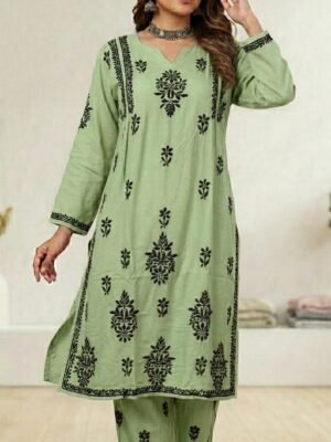 Rayon Kurta and Lower Set with Chikankari Work | Green Base with Black Embroidery