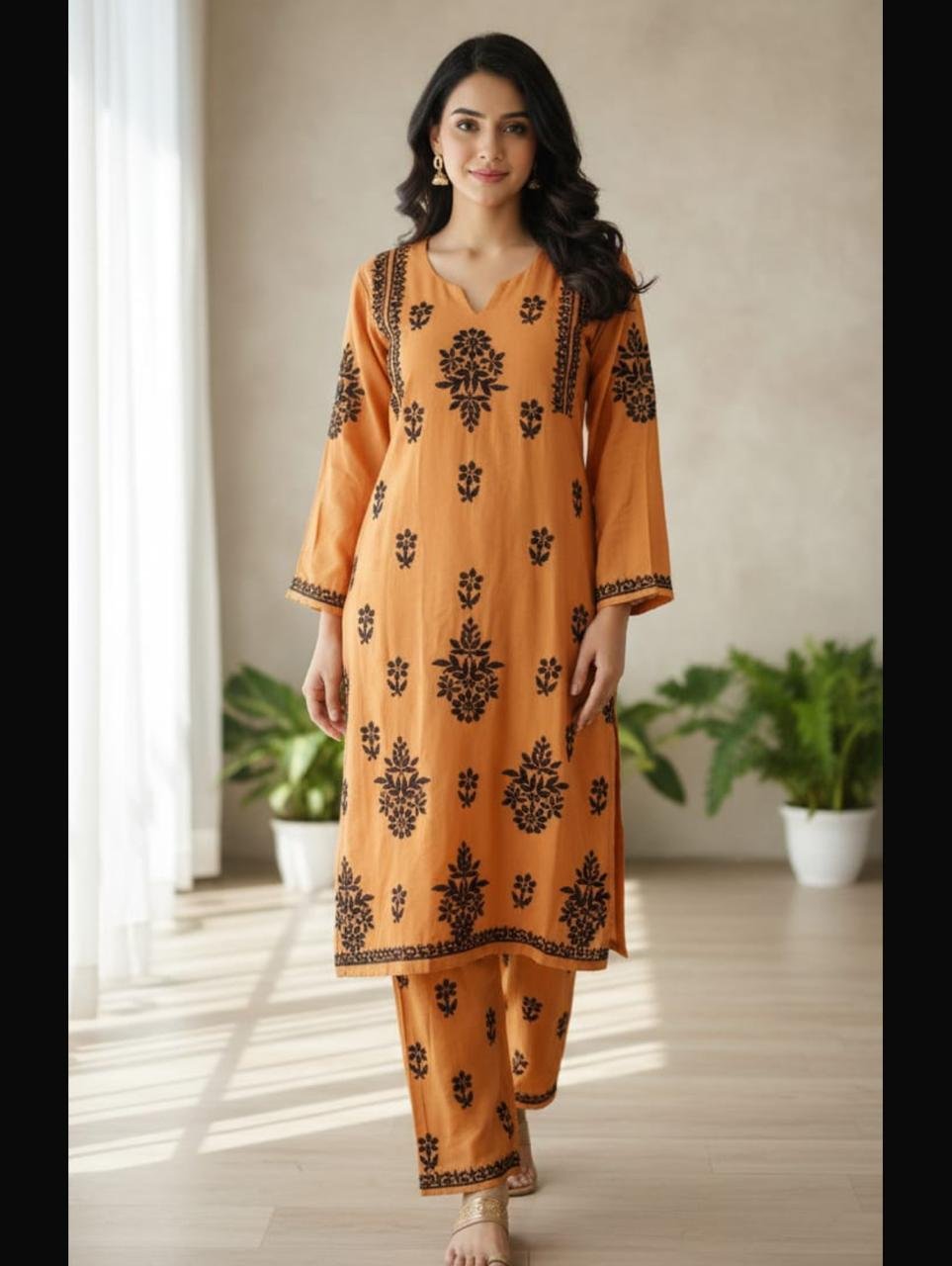 Rayon Kurta and Lower Set with Chikankari Work | Orange Base with Black Embroidery 1 Rayon Kurta and Lower Set with Chikankari Work | Orange Base with Black Embroidery