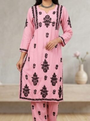 Rayon Kurta and Lower Set with Chikankari Work | Pink Base with Black Embroidery