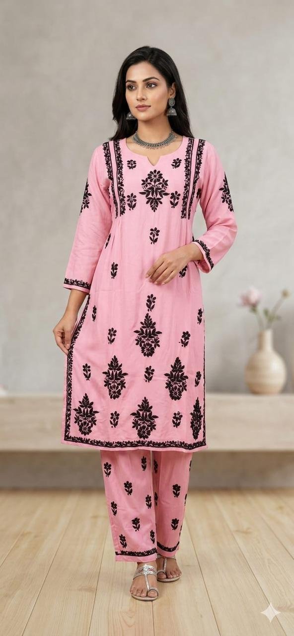 Rayon Kurta and Lower Set with Chikankari Work | Pink Base with Black Embroidery 1 Rayon Kurta and Lower Set with Chikankari Work | Pink Base with Black Embroidery