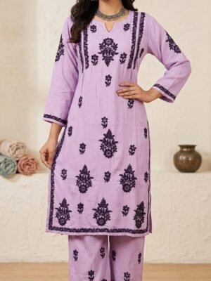 Rayon Kurta and Lower Set with Chikankari Work | Purple Base with Black Embroidery