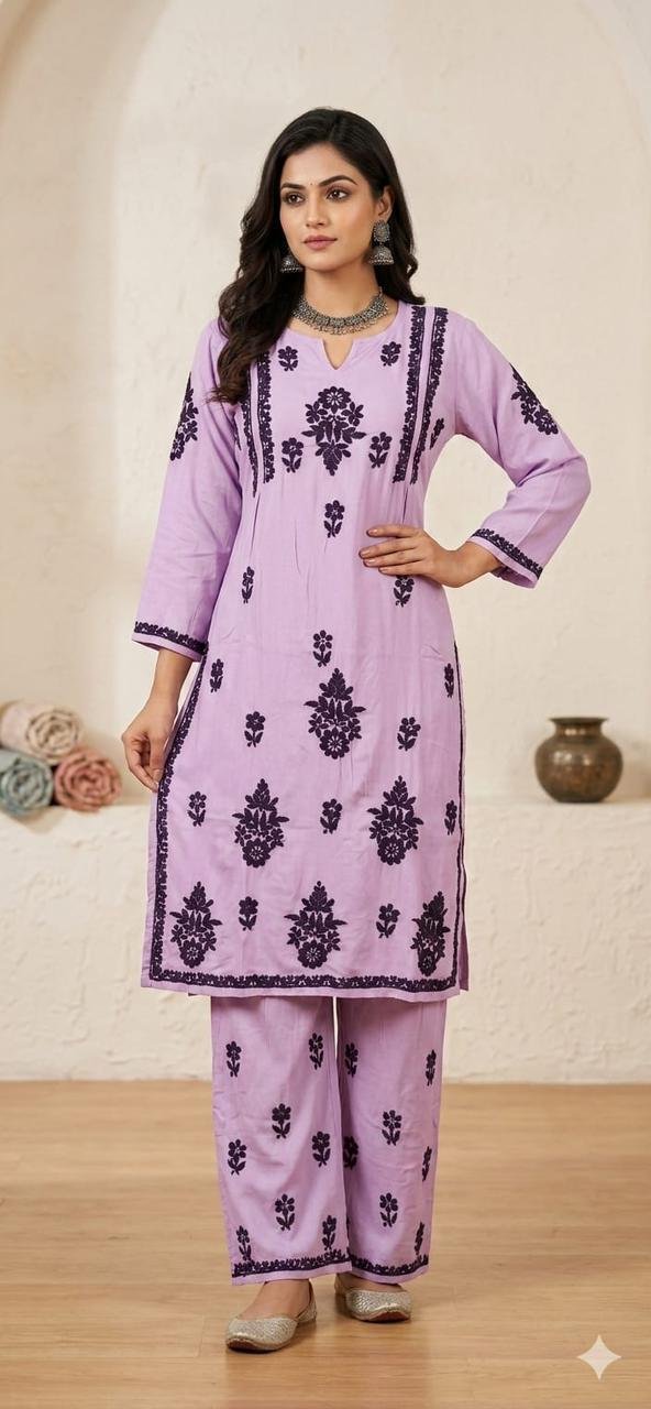 Rayon Kurta and Lower Set with Chikankari Work | Purple Base with Black Embroidery 1 Rayon Kurta and Lower Set with Chikankari Work | Purple Base with Black Embroidery