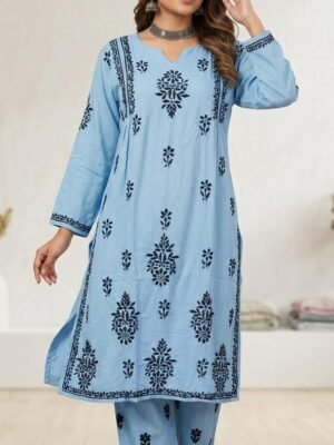 Reyon Kurta and Lower Set with Chikankari Work Sky Blue Base with Black Embroidery