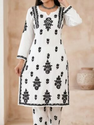 Reyon Kurta and Lower Set with Chikankari Work White Base with Black Embroidery