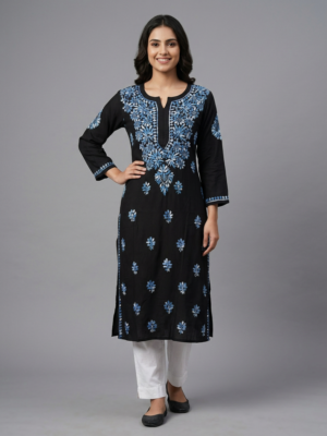 Rayon Long Kurti with Dual Color Chikankari Work | Blue and White