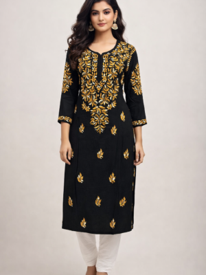 Rayon Long Kurti with Dual Color Chikankari Work | Brown and Cream Color with Heavy Work
