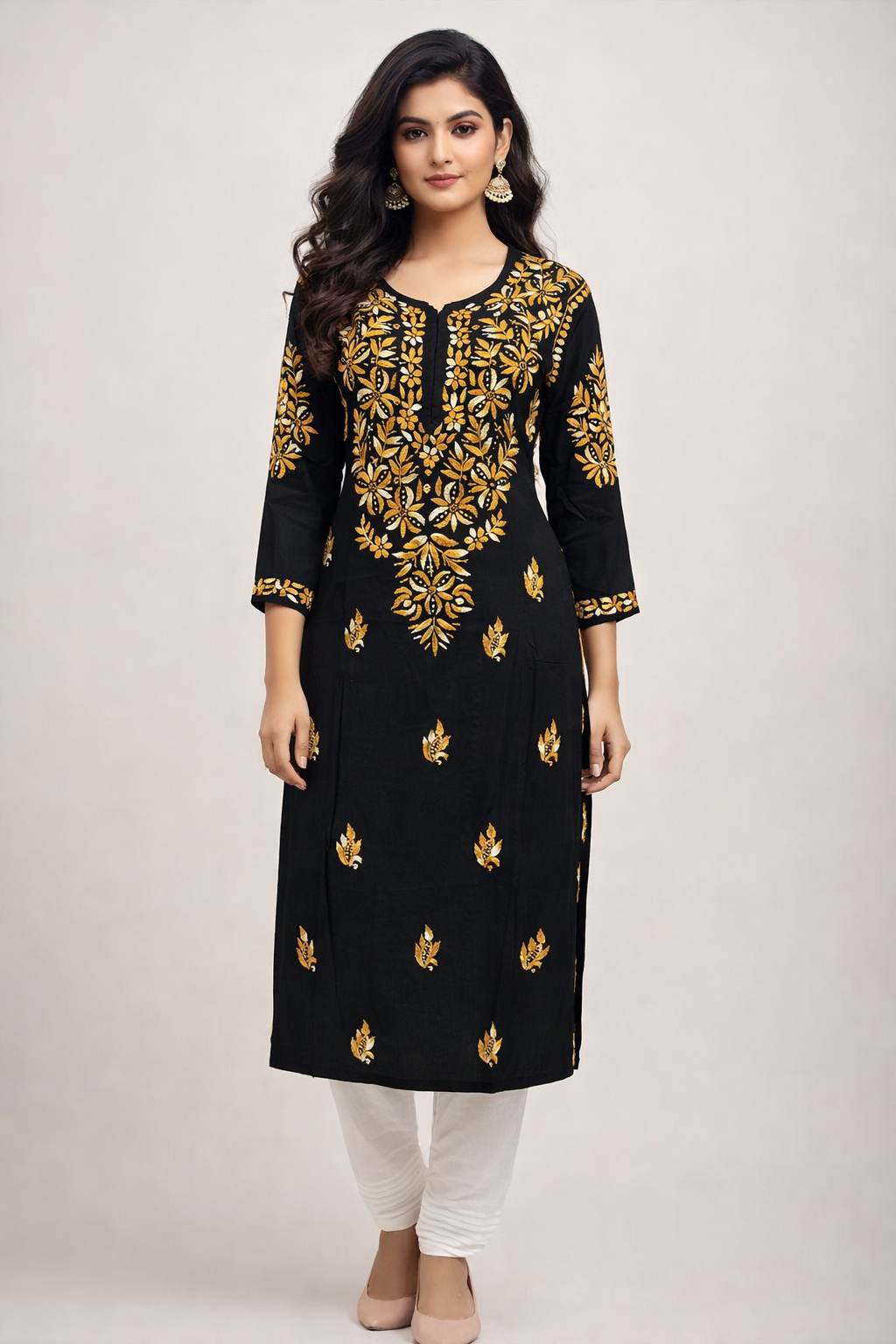 Rayon Long Kurti with Dual Color Chikankari Work | Brown and Cream Color with Heavy Work 1 Rayon Long Kurti with Dual Color Chikankari Work | Brown and Cream Color with Heavy Work