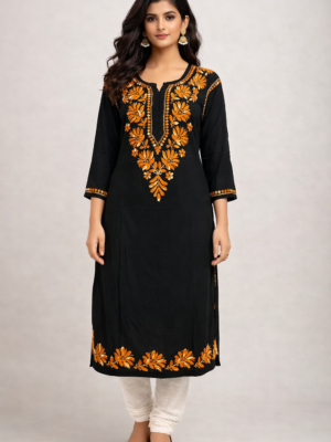 Rayon Long Kurti with Dual Color Chikankari Work | Brown and Cream Color