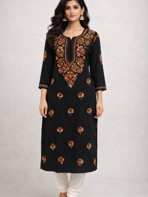 Rayon Long Kurti with Dual Color Chikankari Work | Dark Brown and Cream Color