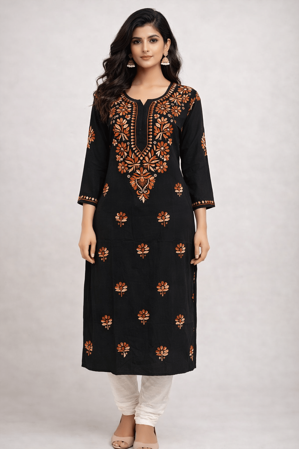 Rayon Long Kurti with Dual Color Chikankari Work | Dark Brown and Cream Color 1 Rayon Long Kurti with Dual Color Chikankari Work | Dark Brown and Cream Color