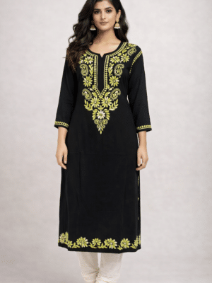 Rayon Long Kurti with Dual Color Chikankari Work | Yellow Green and White