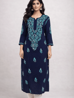 Rayon Long Kurti with Dual Color Chikankari Work | Light Blue and White