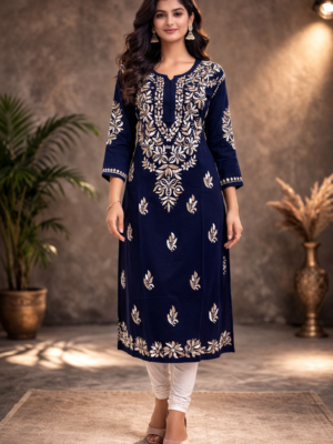 Rayon Long Kurti with Dual Color Chikankari Work | Light Brown and White