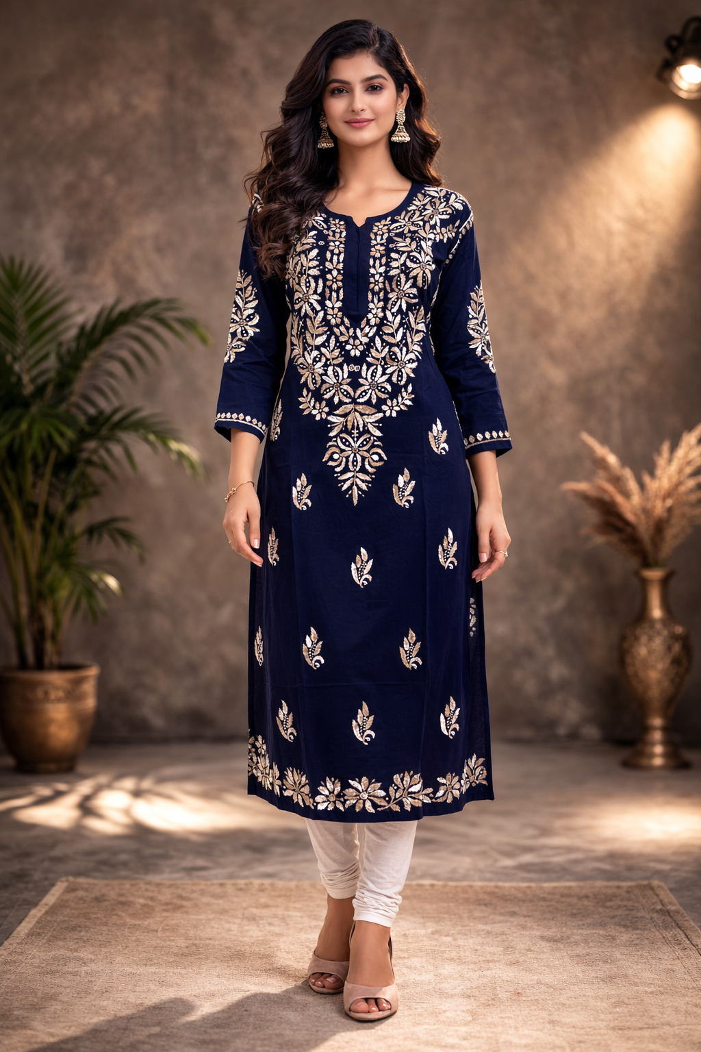 Rayon Long Kurti with Dual Color Chikankari Work | Light Brown and White 1 Rayon Long Kurti with Dual Color Chikankari Work | Light Brown and White