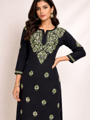Rayon Long Kurti with Dual Color Chikankari Work | Green and Cream Color