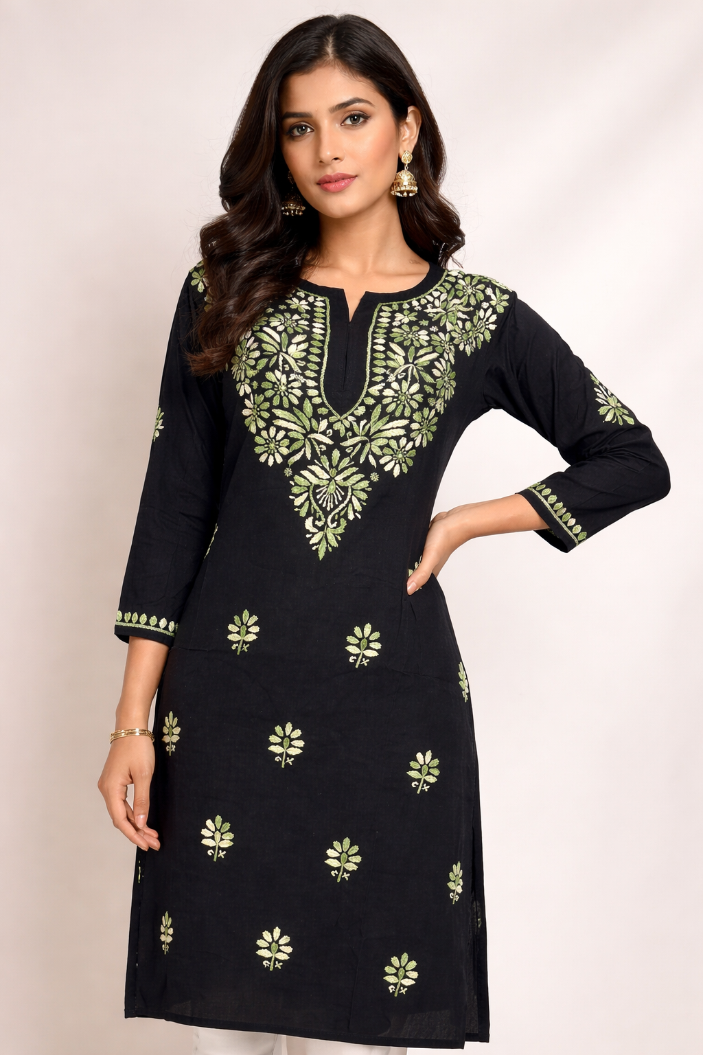 Rayon Long Kurti with Dual Color Chikankari Work | Green and Cream Color 1 Rayon Long Kurti with Dual Color Chikankari Work | Green and Cream Color