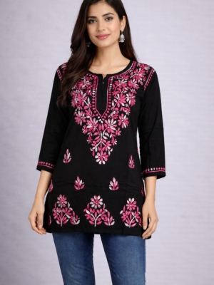Rayon Short Kurti with Dual Color Chikankari Work | Dark Pink and White