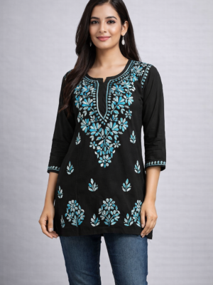 Rayon Short Kurti with Dual Color Chikankari Work | Blue and White