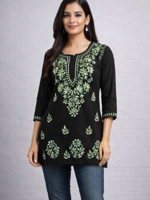 Rayon Short Kurti with Dual Color Chikankari Work | Green and White