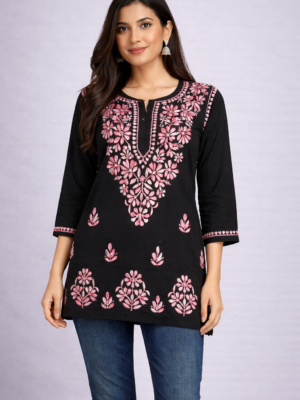 Rayon Short Kurti with Dual Color Chikankari Work | Pink and White