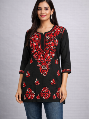Rayon Short Kurti with Dual Color Chikankari Work | Red and White
