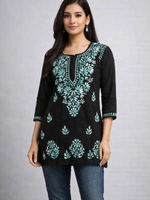 Rayon Short Kurti with Dual Color Chikankari Work | Sky Blue and White