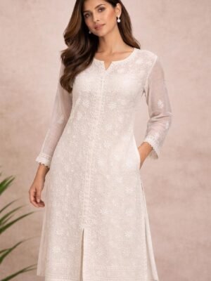 Home 1 White Mul Kurti with full Jaal Chikankari Work and Tassels