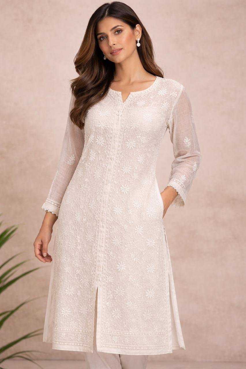 White Mul Kurti with full Jaal Chikankari Work and Tassels 1 White Mul Kurti with full Jaal Chikankari Work and Tassels