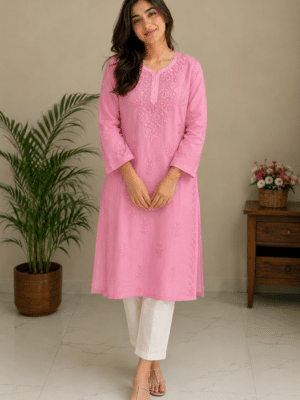 Chanderi Kurti with Color Transition and Chikankari Work | Light Pink