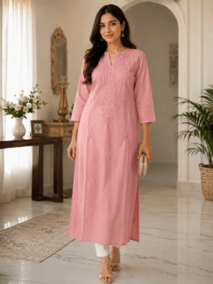 Chanderi Kurti with Color Transition and Chikankari Work | Peach