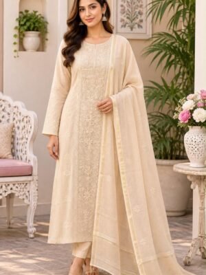Mul-Mul 2 Piece Suit with Chikankari | Fawn Color