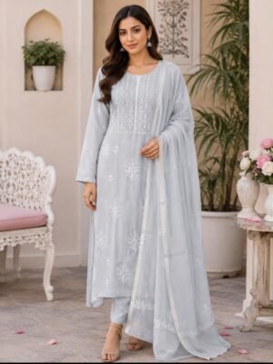 Mul-Mul 2 Piece Suit with Chikankari | Sky Blue Color