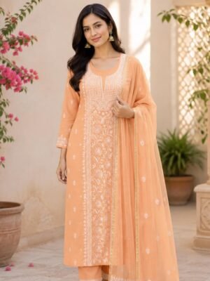 Mul-Mul 2 Piece Suit with Chikankari and Pearl Work | Light Orange