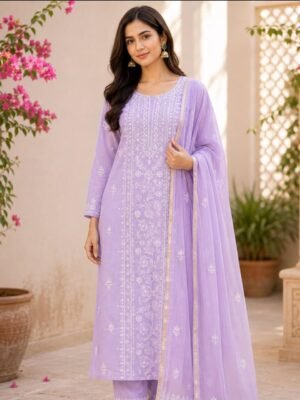 Mul-Mul 2 Piece Suit with Chikankari and Pearl Work Light Purple