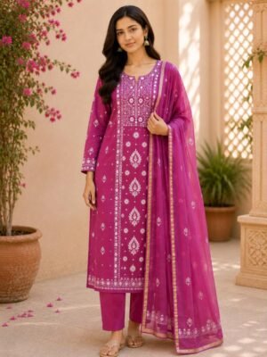 Mul-Mul 2 Piece Suit with Chikankari & Pearl Work | Magenta Color
