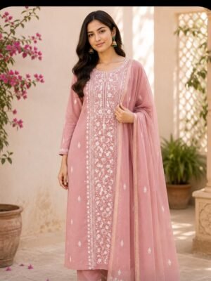 Mul-Mul 2 Piece Suit with Chikankari and Pearl Work | Rose Pink