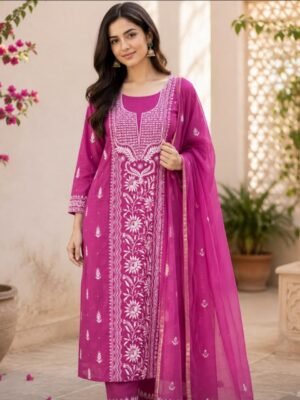 Mul-Mul 2 Piece Suit with Chikankari and Pearl Work with Floral Panel | Magenta Color